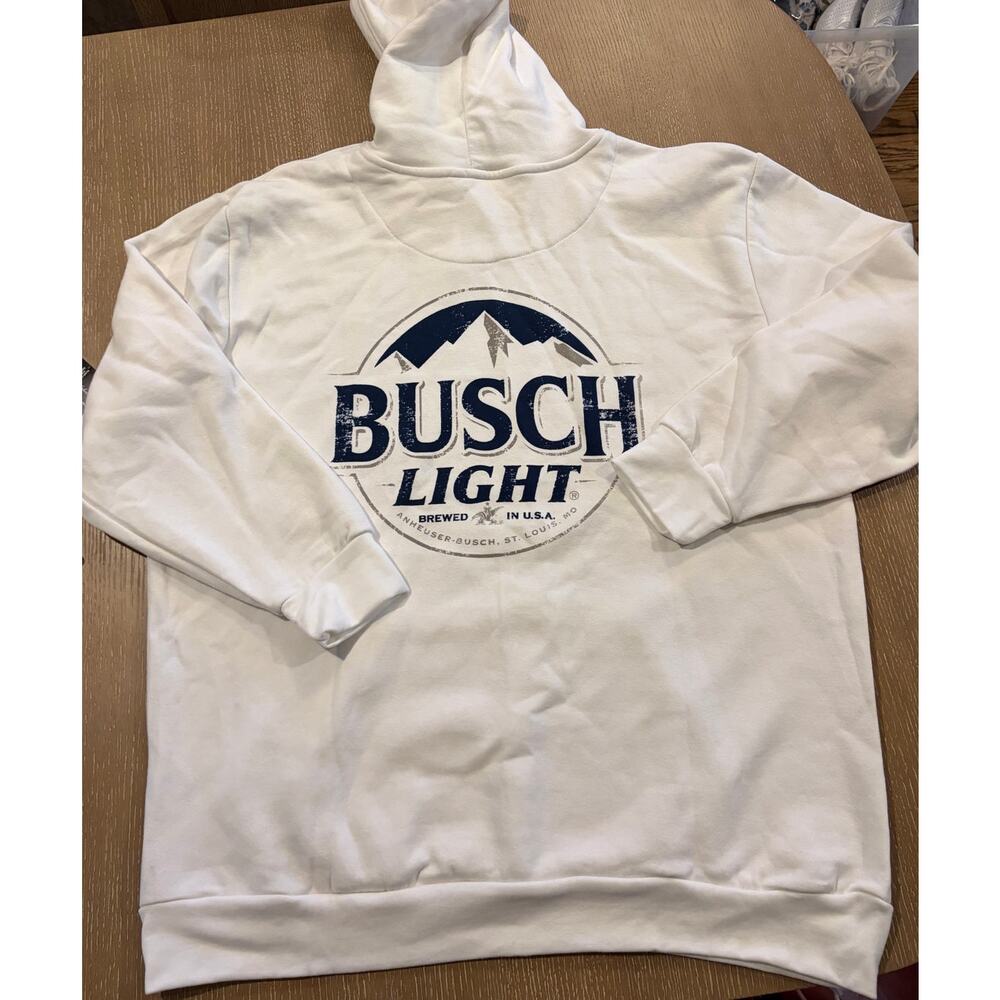 Busch Light XXL White Hoodie Graphic Print‎ Logo Pullover Beer Cotton Blend